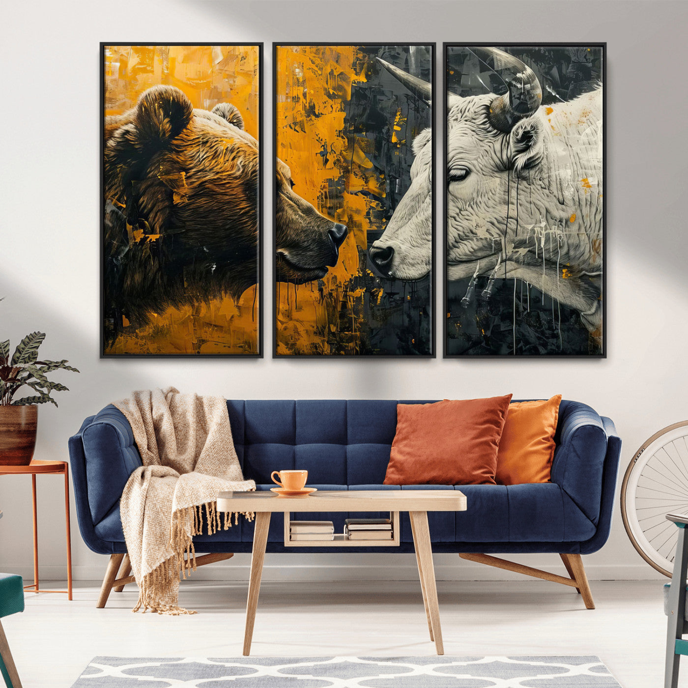 MGV-FC-48X32-3P - Bear and Bull Wall Art Canvas Print – Abstract Animal Portrait Painting for Modern Home Decor –