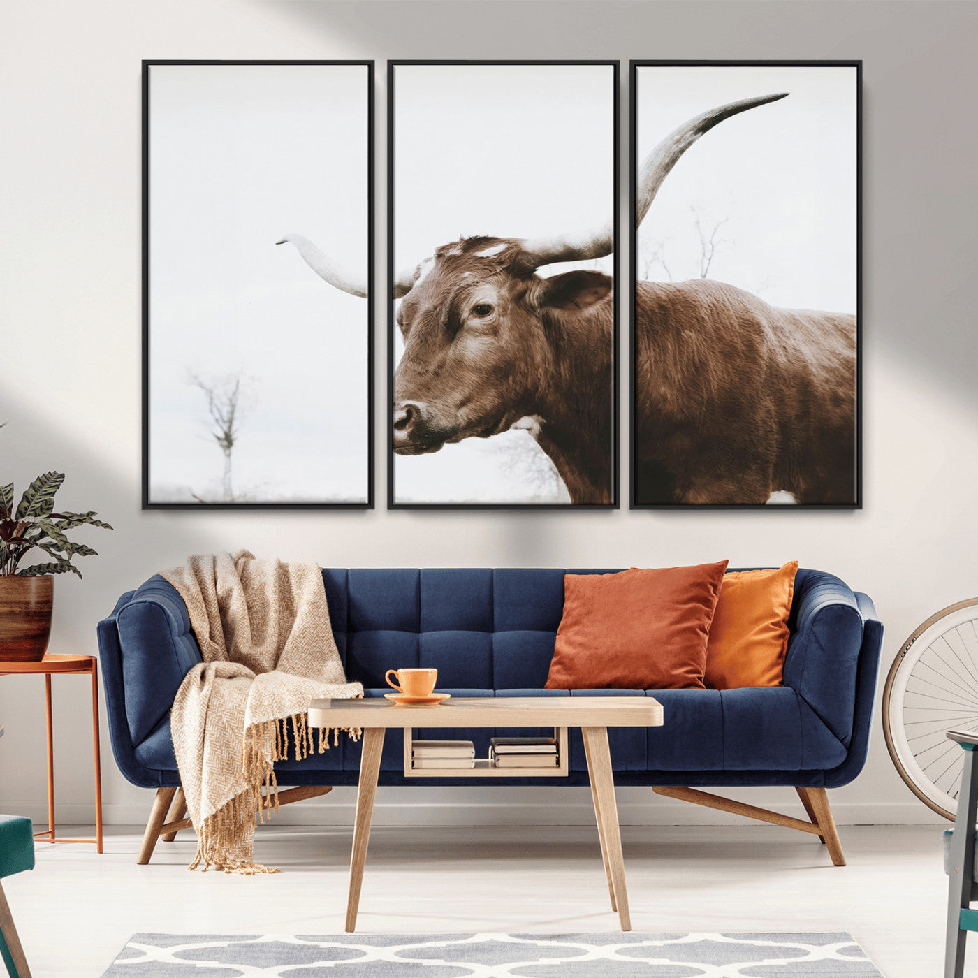 MGV-FC-48X32-3P - Rustic Bull Wall Art Canvas Print – Modern Longhorn Farmhouse Animal Decor – Abstract Farm Cow