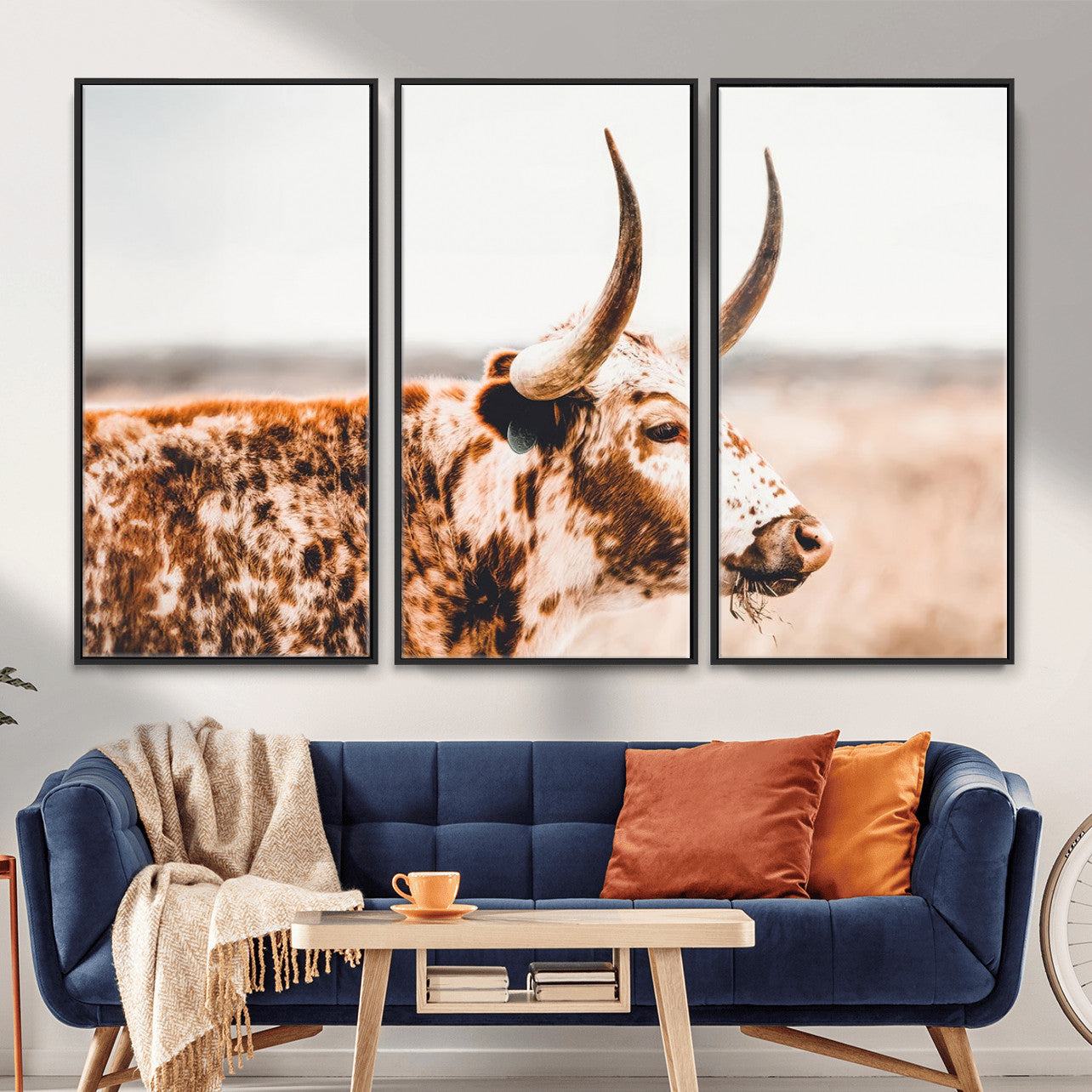 MGV-FC-48X32-3P - Speckled Bull Wall Art Canvas Print – Rustic Cow Longhorn Farmhouse Animal Decor – Western Longhorn