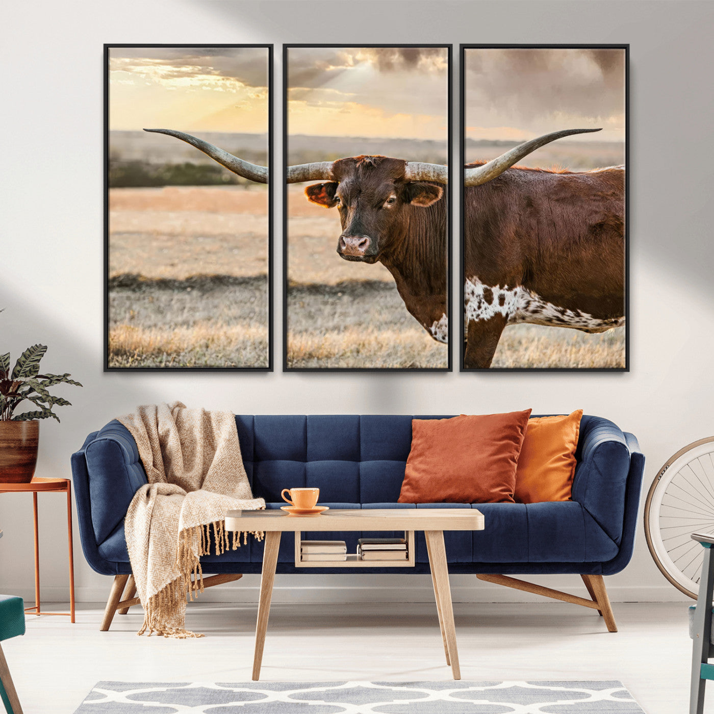 MGV-FC-48X32-3P - Texas Longhorn Wall Art Canvas Print, Rustic Ranch Decor, Majestic Western Longhorn Cattle