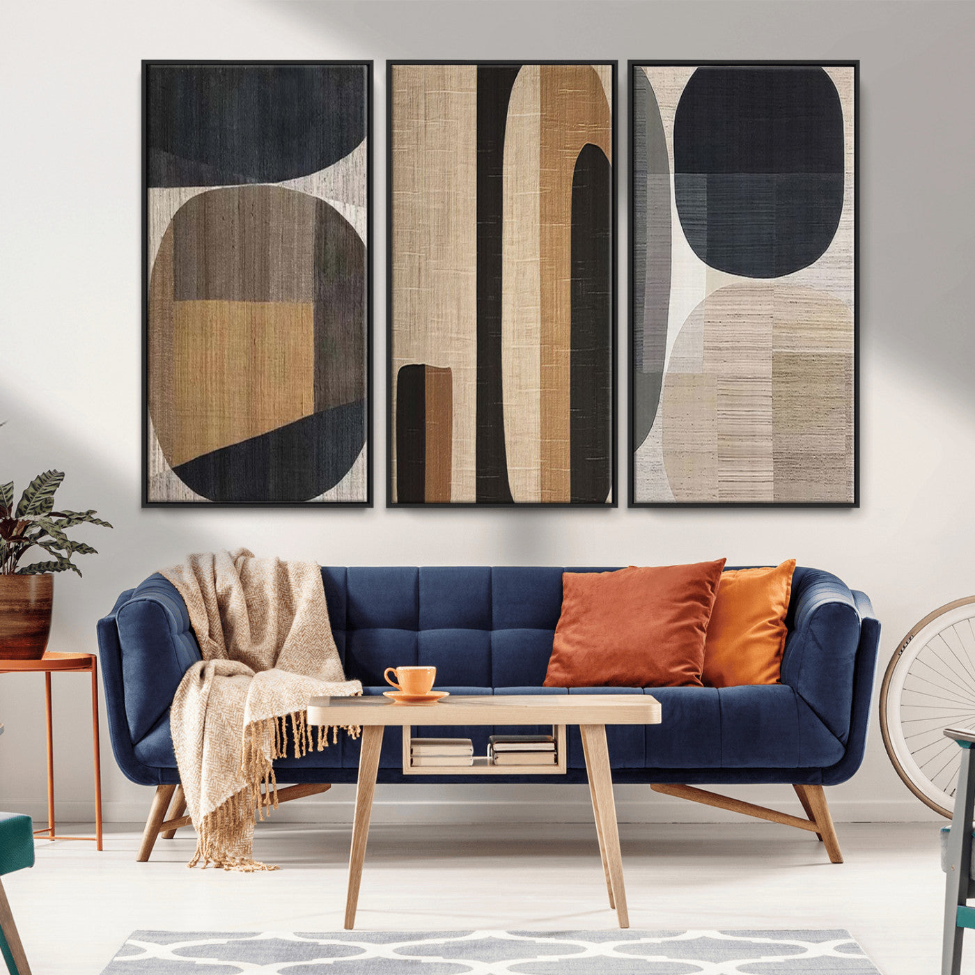 MGV-FC-48X32-3P - Abstract Minimalist Canvas Wall Art - Neutral Geometric Modern Boho Decor, Minimalist Brown Wabi