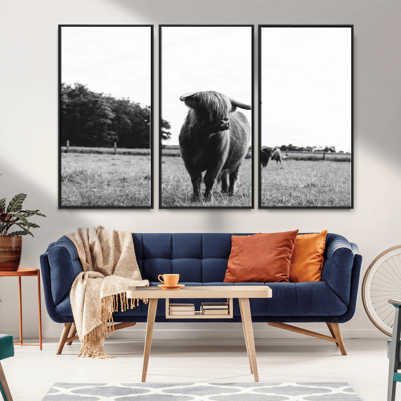 MGV-FC-48X32-3P - Black and White Highland Cow Wall Art Canvas Print | Rustic Western Decor for Living Room or Office,