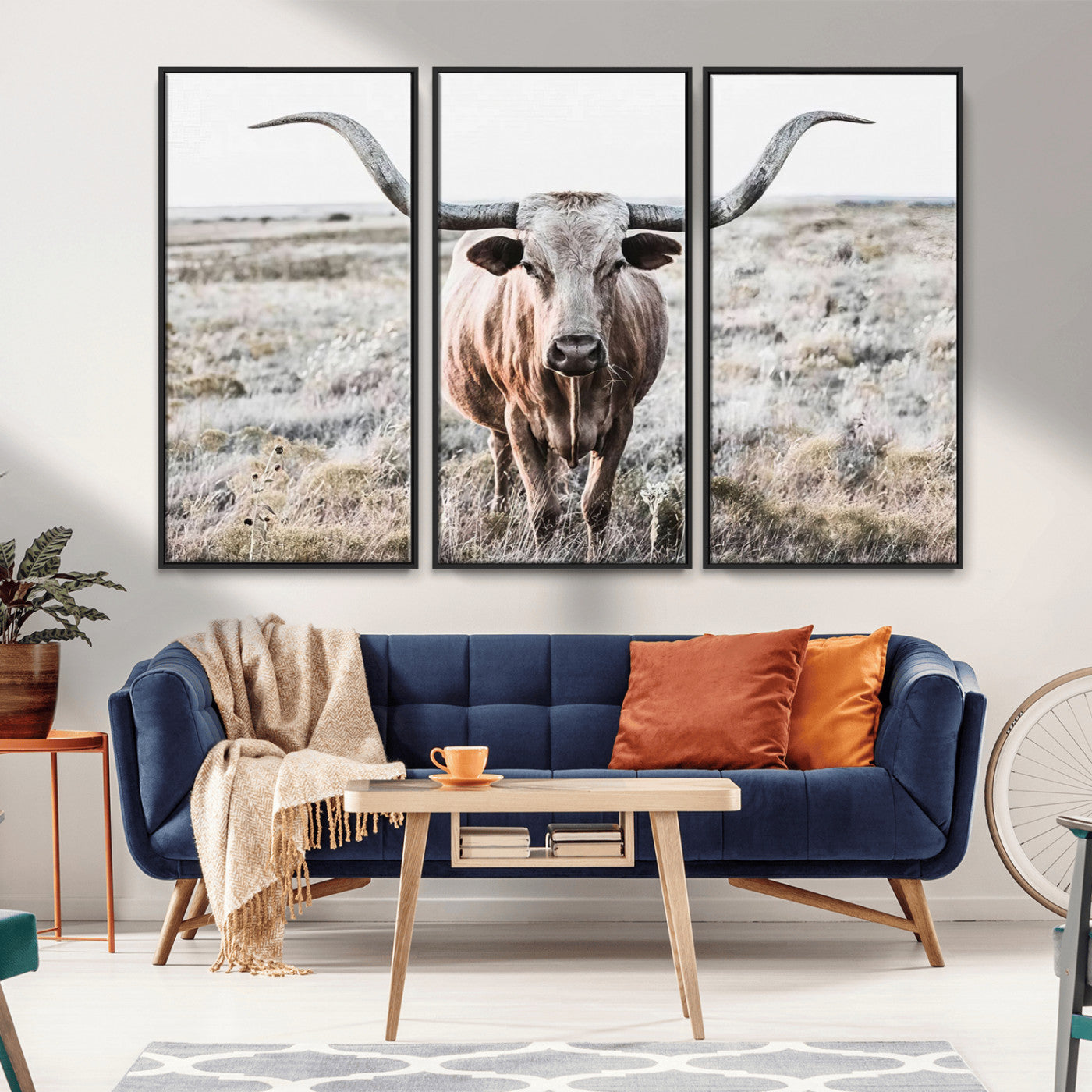 -Rustic Texas Longhorn Wall Art Canvas Print | Western Farmhouse Decor for Living Room or Office,