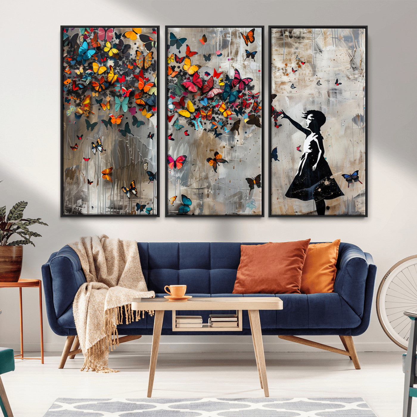 MGV-FC-48X32-3P - Banksy Wall Art - Banksy Girl and Butterfly Explosion Wall Art Canvas Print | Girl with Butterflies