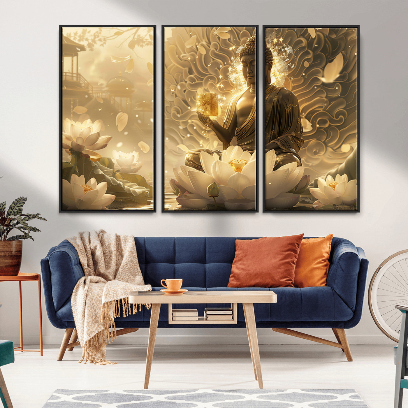 MGV-FC-48X32-3P - Golden Buddha Wall Art | Yoga Room Decor and Meditation Room Wall Art | Framed and Ready to Hang