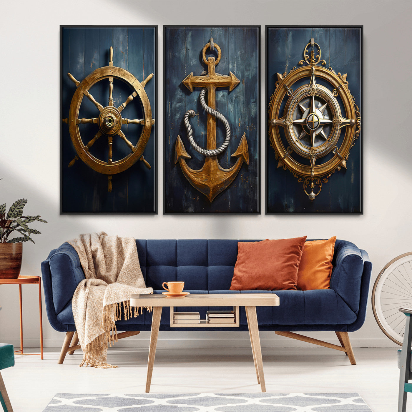 MGV-FC-48X32-3P - Boat Anchor Compass With Rope Wall Art Canvas Print | Beach House Wall Art