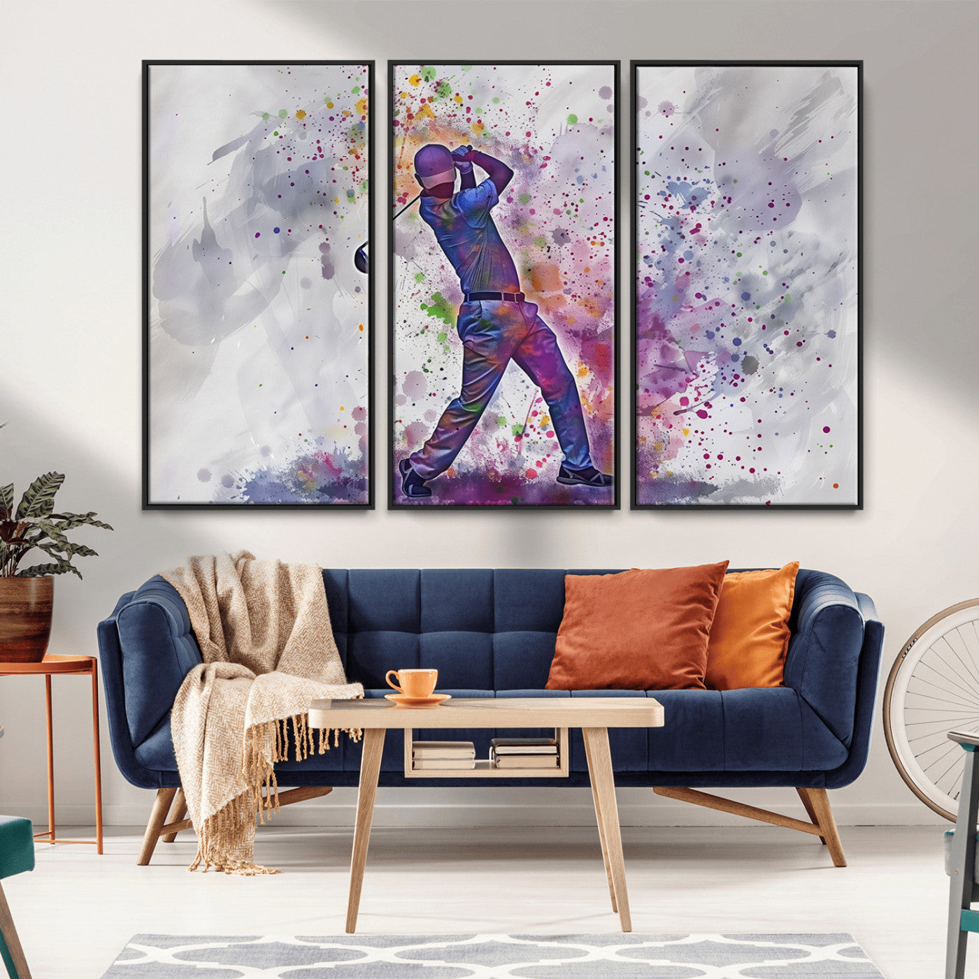 MGV-FC-48X32-3P - Watercolor Golf Swing Wall Art Canvas Print | Vibrant Abstract Golf Player Silhouette |
