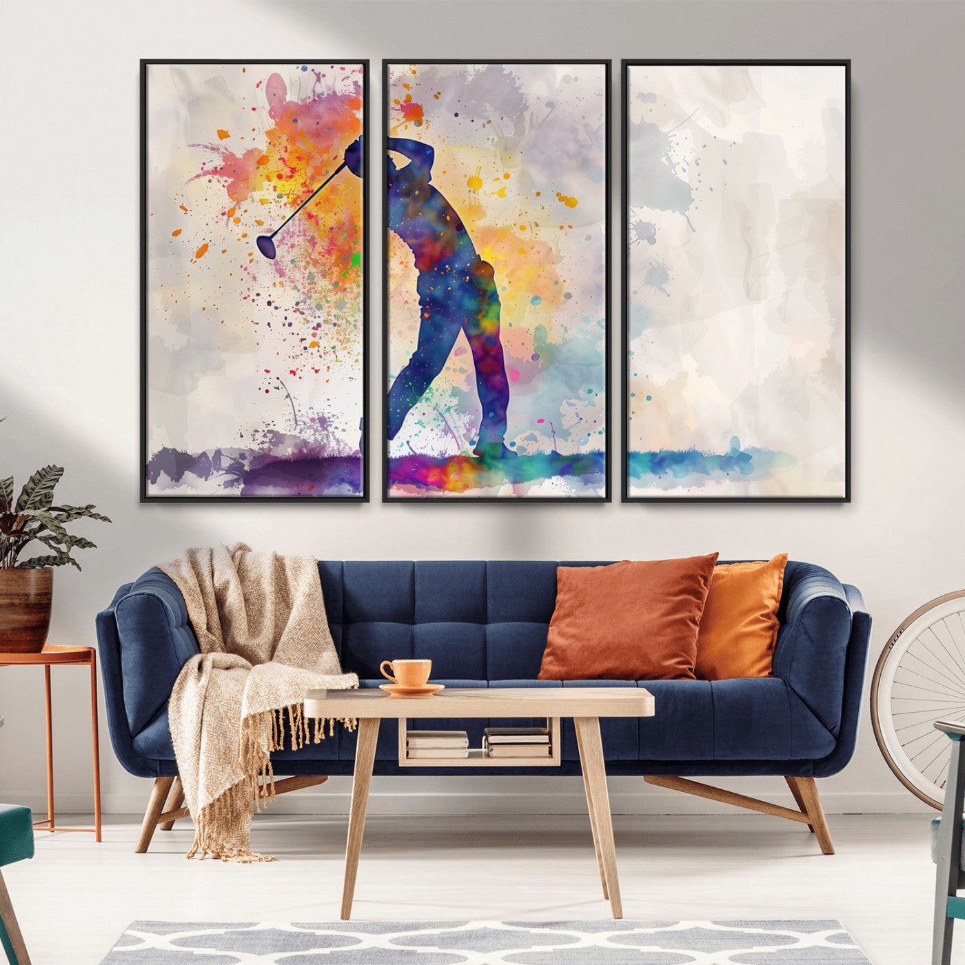 MGV-FC-48X32-3P - Watercolor Golf Swing Wall Art Canvas Print | Vibrant Abstract Golf Player Silhouette |