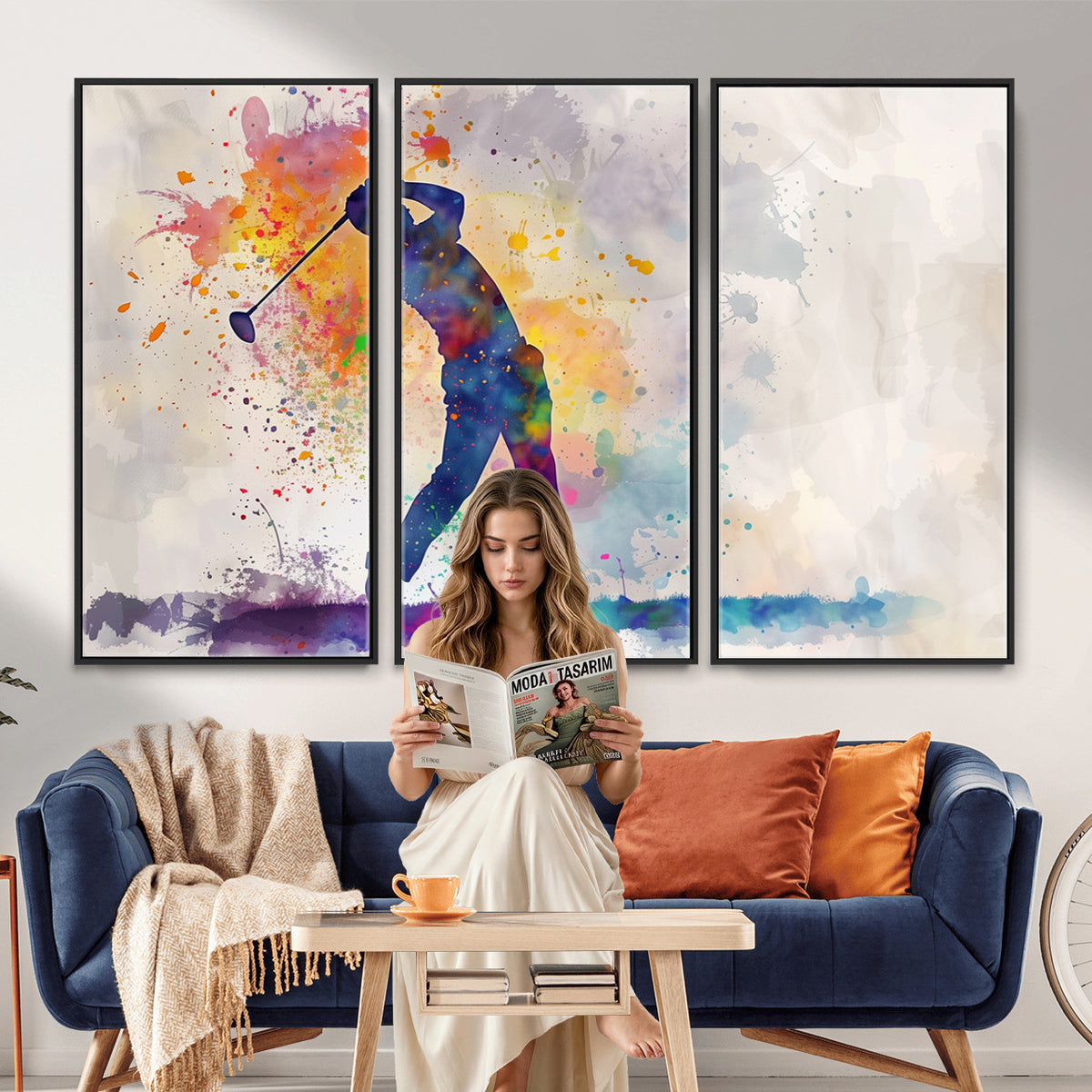 89625-MGV-CV-36X24 - Vibrant Watercolor Golf Swing Wall Art Canvas Print | Extra Large 3 Piece Canvas Wall Art