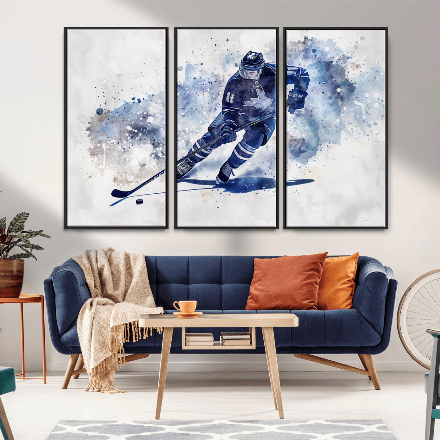 MGV-FC-48X32-3P - Hockey Player Wall Art Canvas Print - Sports-Inspired Watercolor Decor - Ready to Hang