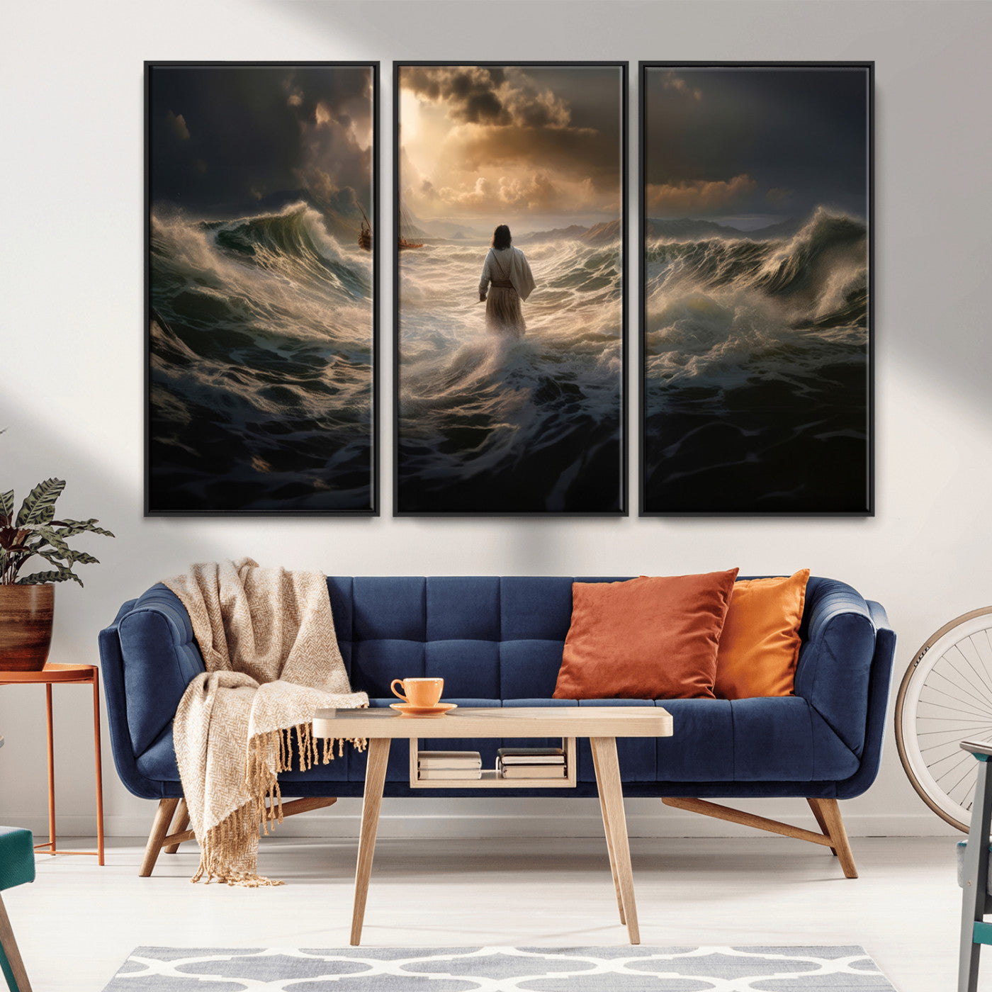 MGV-FC-48X32-3P - Jesus Walking on Water Wall Art Canvas Print - Religious Spiritual Decor - Jesus Wall Art Canvas