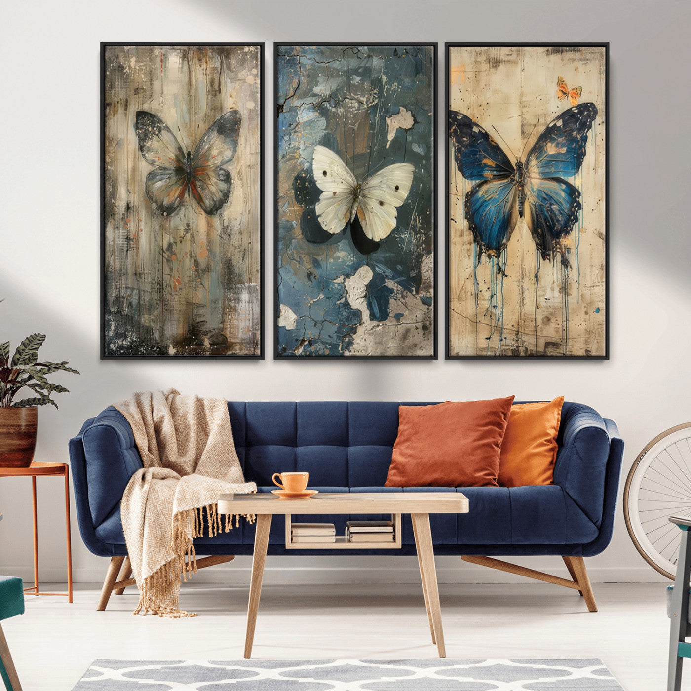 MGV-FC-48X32-3P - Butterfly Wall Art Trio | Vintage Butterfly Canvas Print | Ready to Hang Framed Artwork for