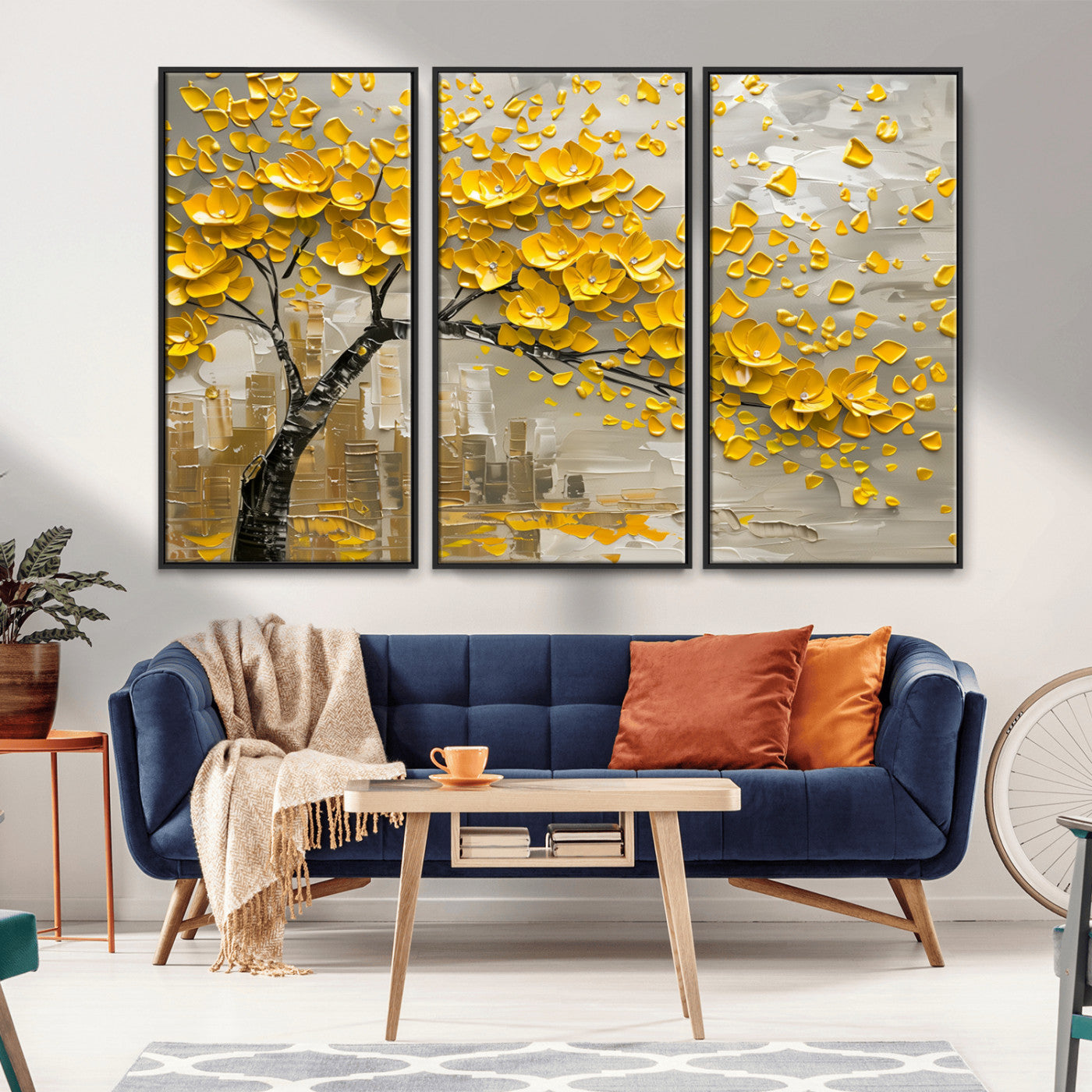 MGV-FC-48X32-3P - Yellow Blossom Tree Canvas Wall Art - Floral Abstract Modern Contemporary Artwork for Living Room or
