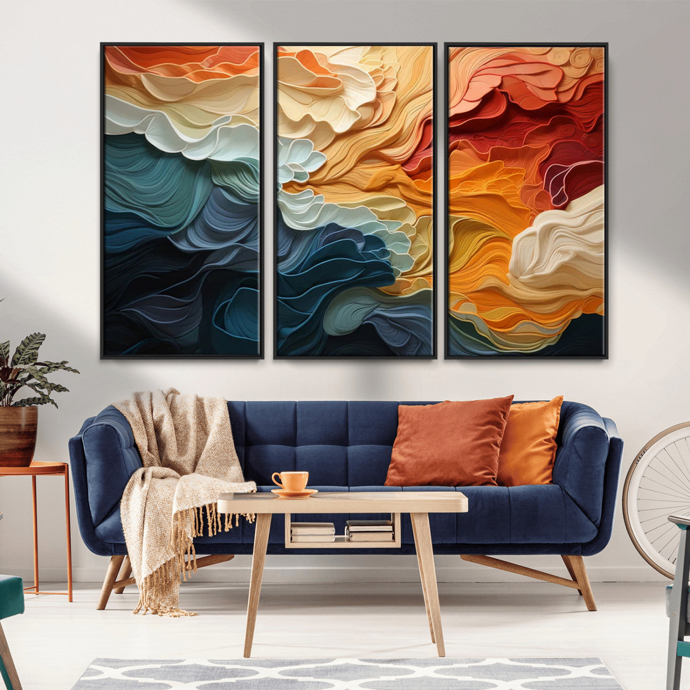 MGV-FC-48X32-3P - Blue Orange Abstract Wave Wall Art Canvas Print, Framed Blue Orange Wave Wall Art