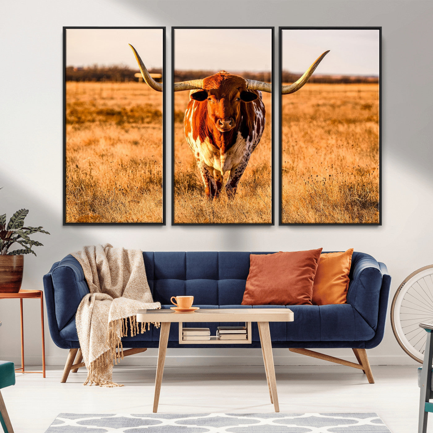 MGV-FC-48X32-3P - Longhorn Cow Wall Art | Ready to Hang Framed Canvas Print for Farmhouse and Barn Decor