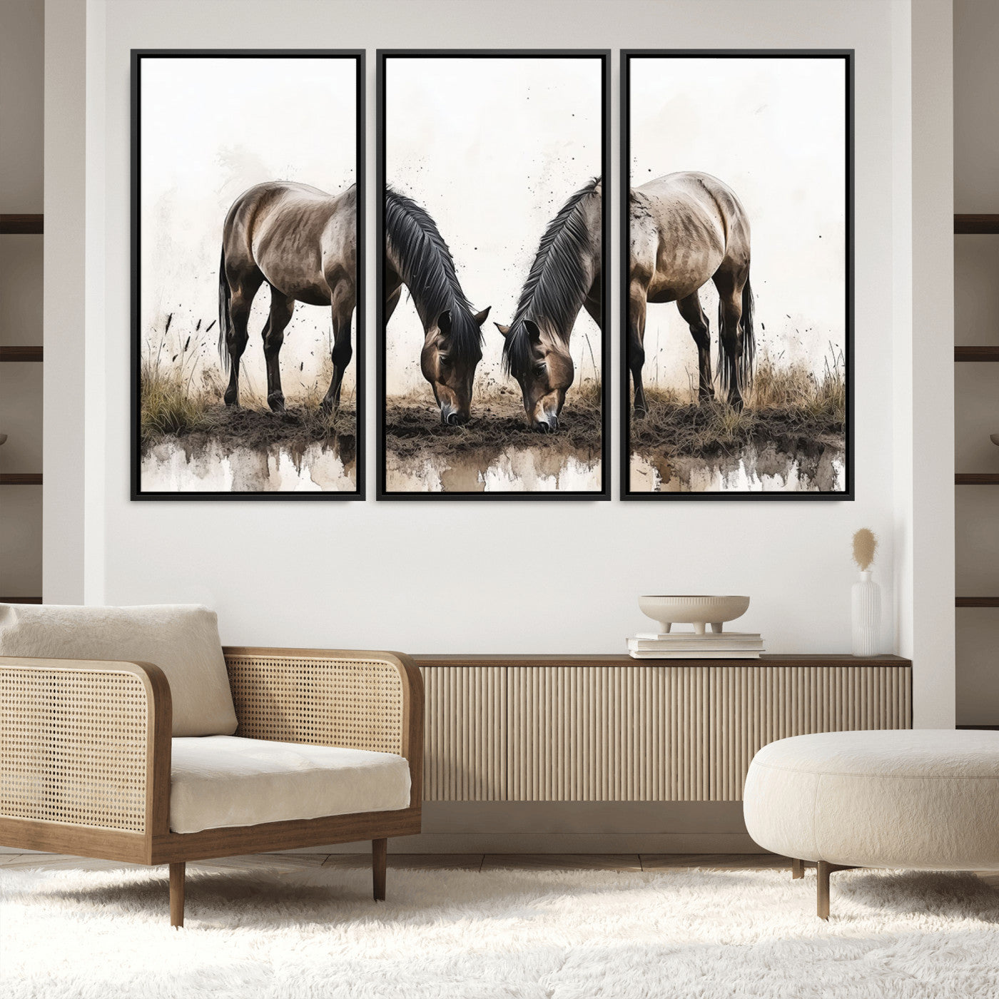 71729-MGV-FC-60X40-3P_Black-Chines Ink Style Horses Wall Art Canvas Print