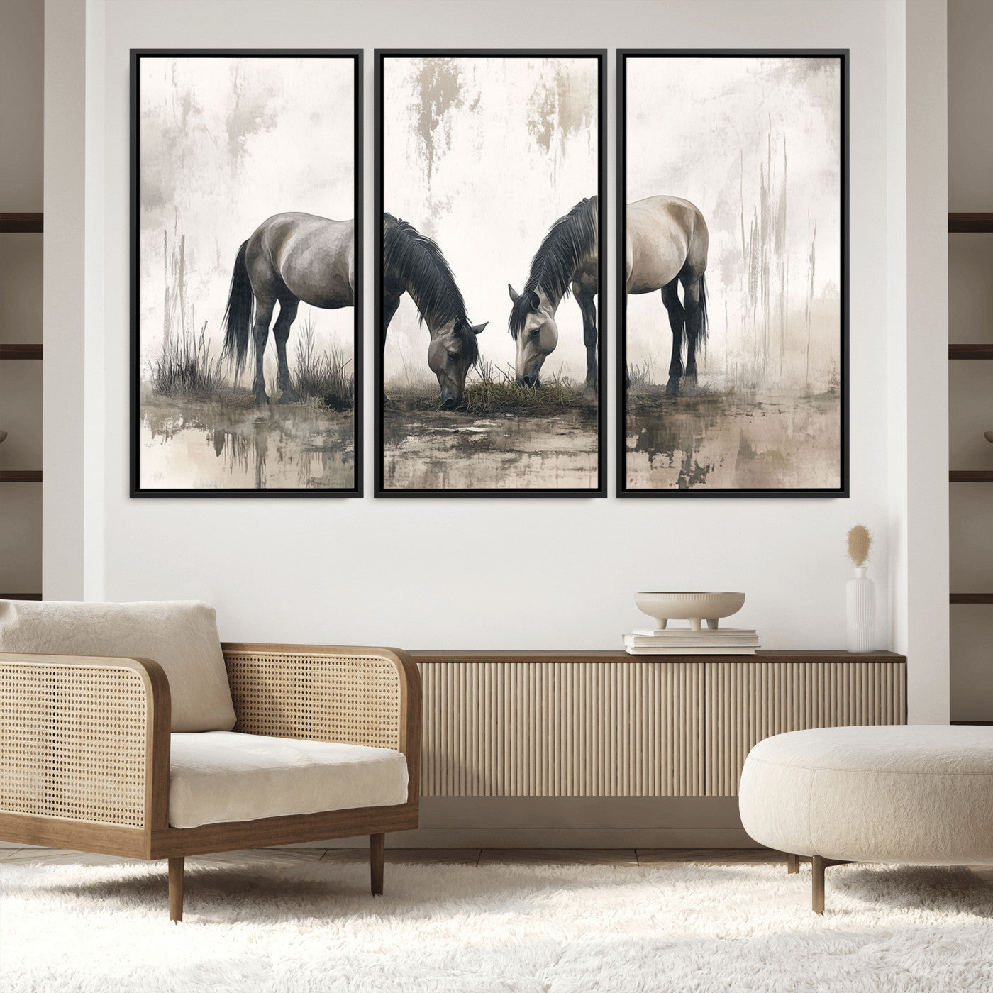 35494-MGV-FC-60X40-3P_Black-Chines Ink Style Vintage Horses Wall Art Canvas Print for Farmhouse Wall Decor