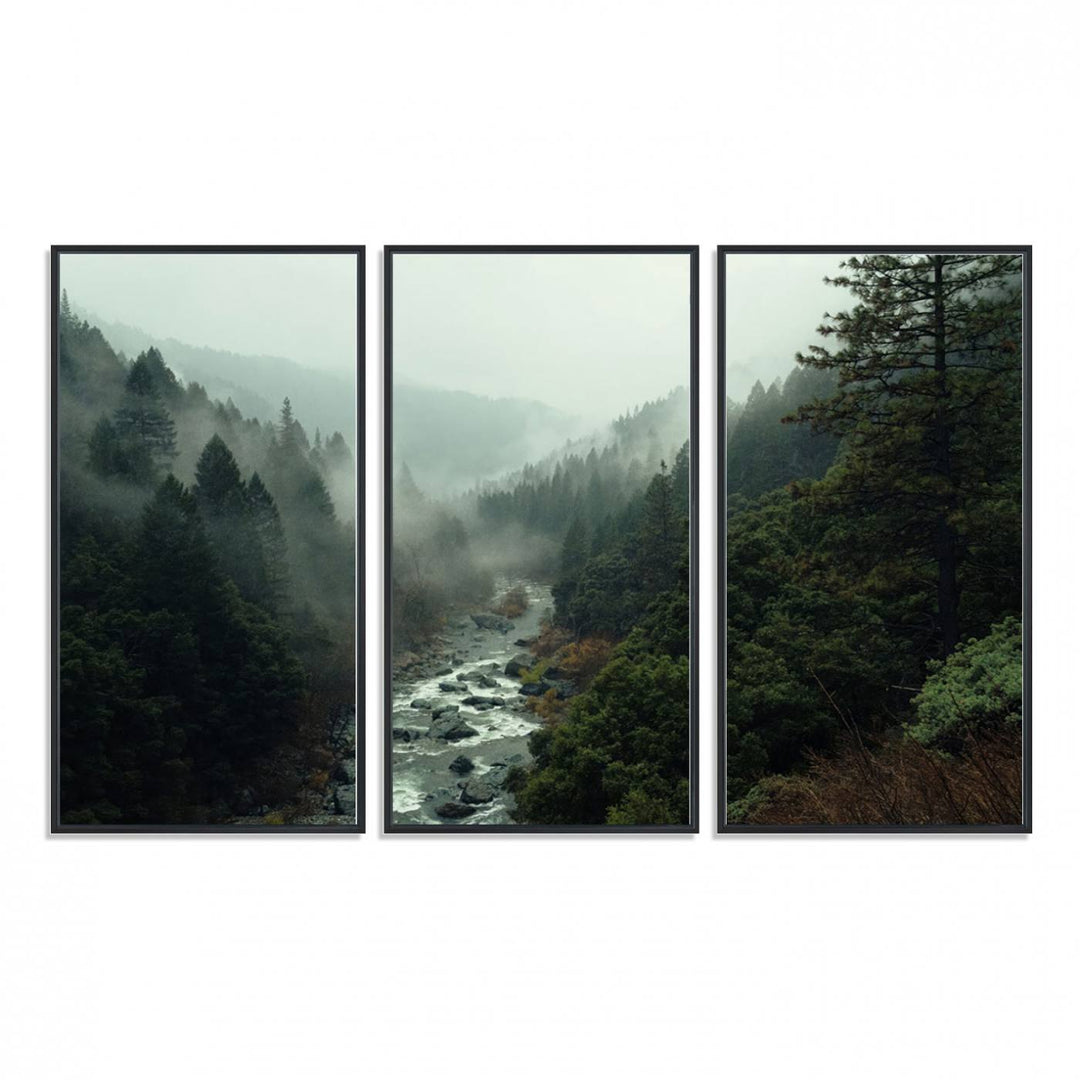 The Misty Forest Wall Art features a serene landscape with a misty river and evergreens, ideal for enhancing the ambiance of any living room or cabin.