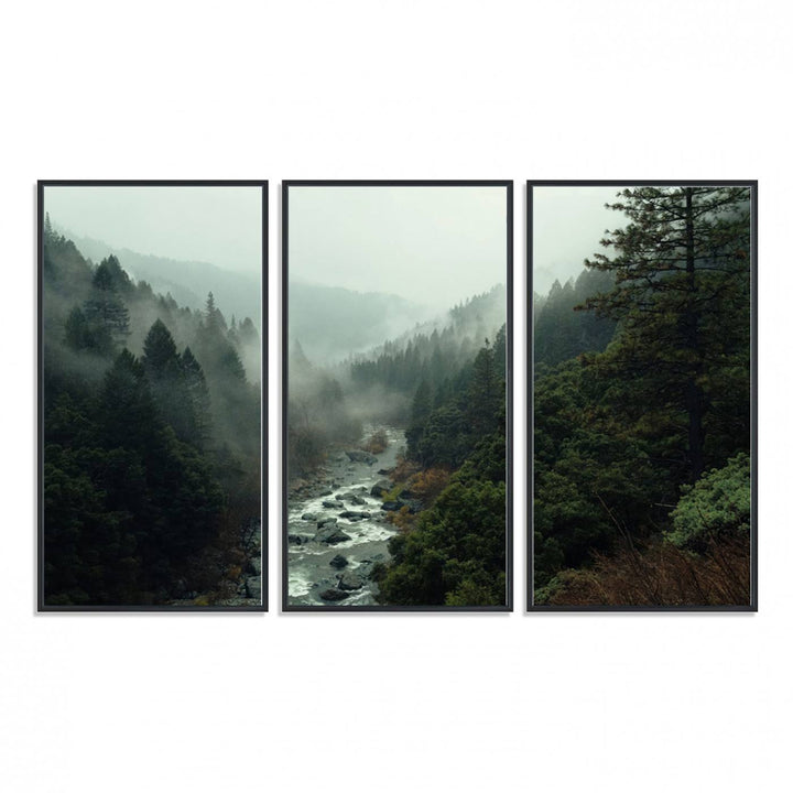 The Misty Forest Wall Art features a serene landscape with a misty river and evergreens, ideal for enhancing the ambiance of any living room or cabin.