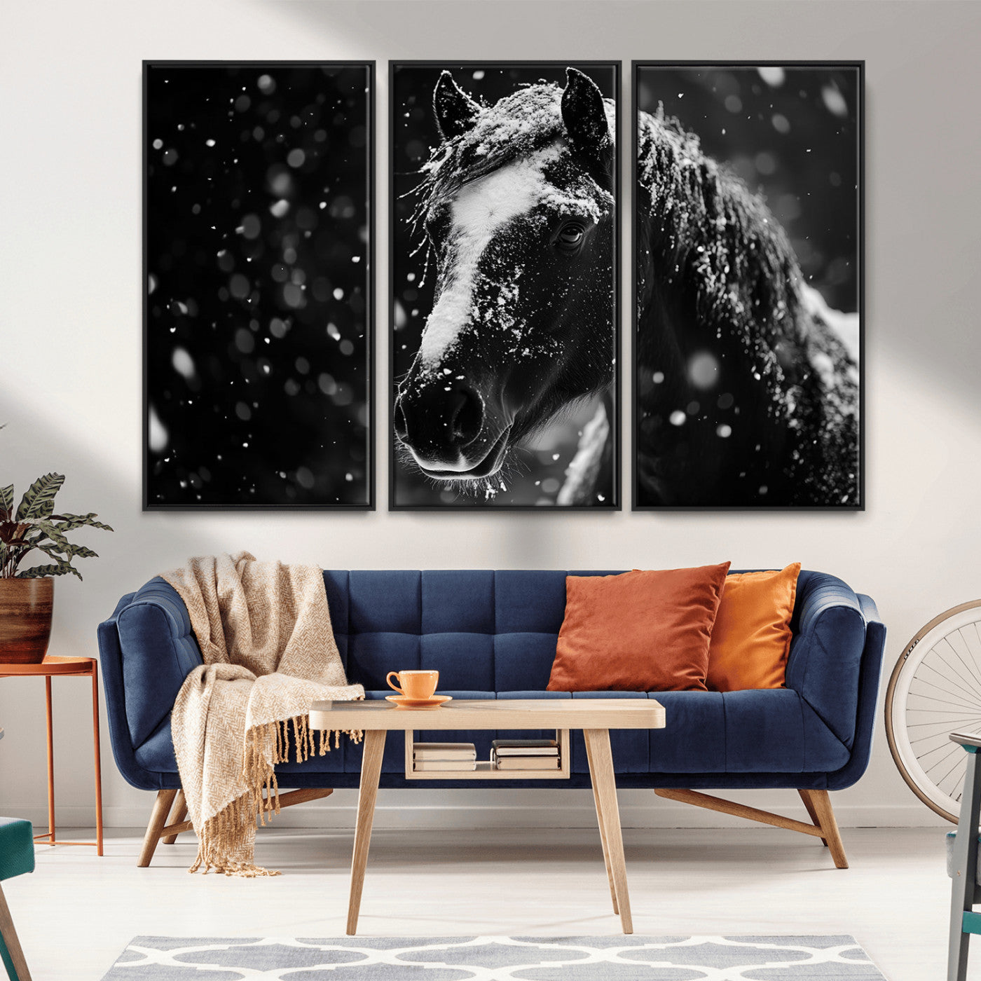 MGV-FC-48X32-3P - Winter Horse Wall Art | Black and White Horse Print | Ready to Hang and Framed | Farmhouse Wall Art