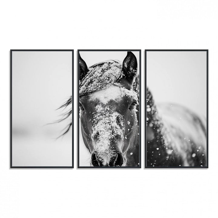 This black and white winter horse wall art enhances any decor; it is ready to hang and framed for a farmhouse or Western style.