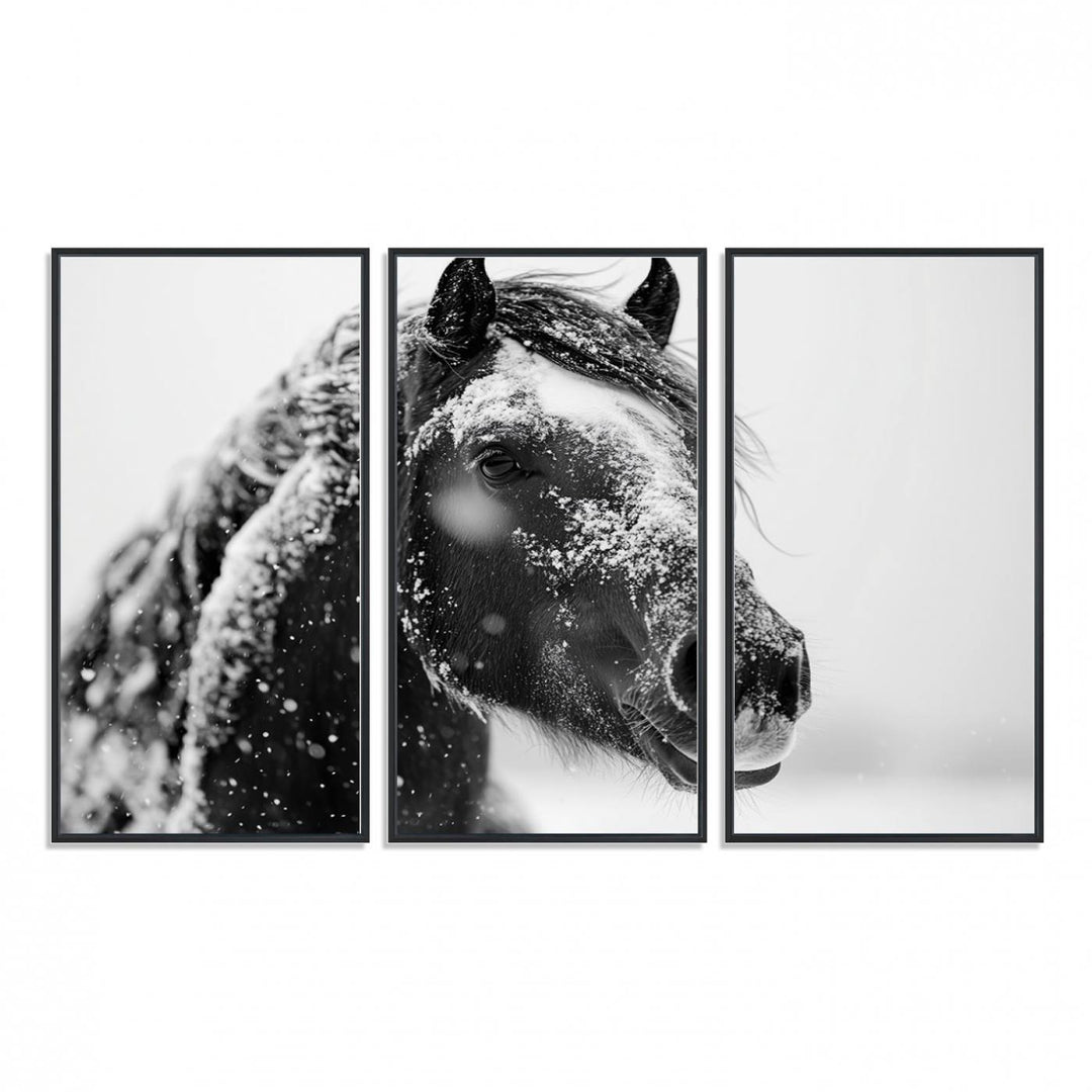 A large 3-panel rustic farmhouse wall art showcases a black and white winter horse canvas print against a snowy backdrop.