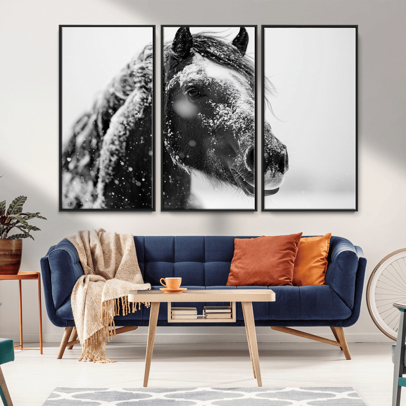 MGV-FC-48X32-3P - Winter Horse Canvas Print | Large 3-Panel Black White Equine Photography for Rustic Farmhouse Wall