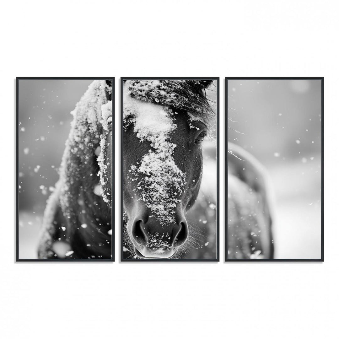 The Black and White Horse Winter Wall Art features a majestic horse with snow-covered hair set against a serene winter backdrop.