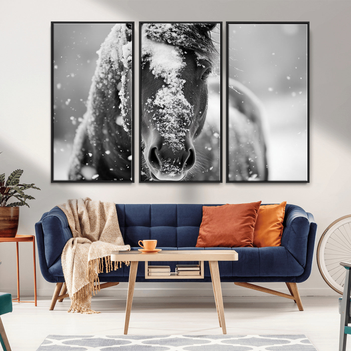 MGV-FC-48X32-3P - Black and White Horse Winter Wall Art | Ready to Hang and Framed | Farmhouse Wall Decor | Western