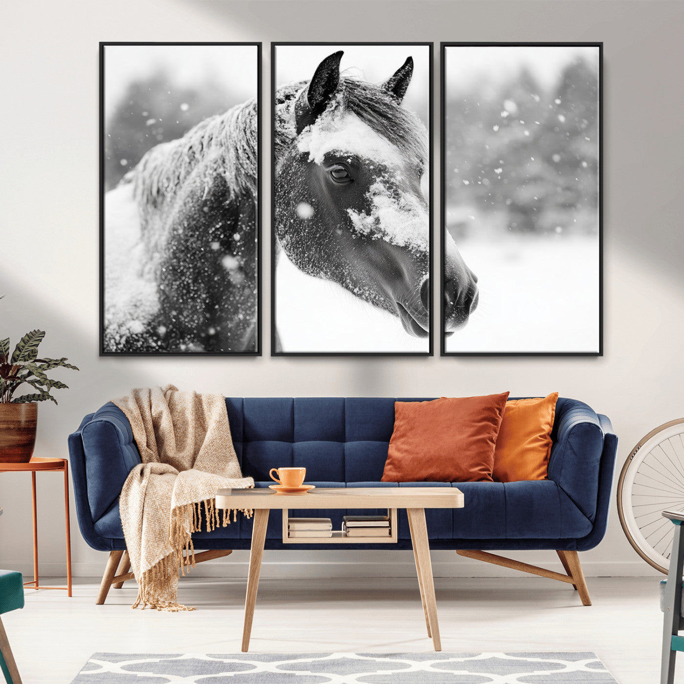 MGV-FC-48X32-3P - Black Horse Winter Wall Art | Ready to Hang and Framed | Farmhouse and Western Wall Decor for Living