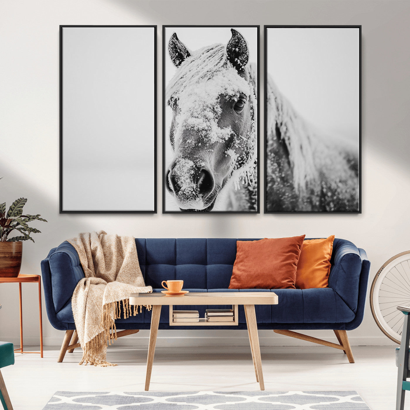MGV-FC-48X32-3P - White Horse Wall Art | Ready to Hang and Framed | Winter Horse Wall Art Print for Farmhouse and