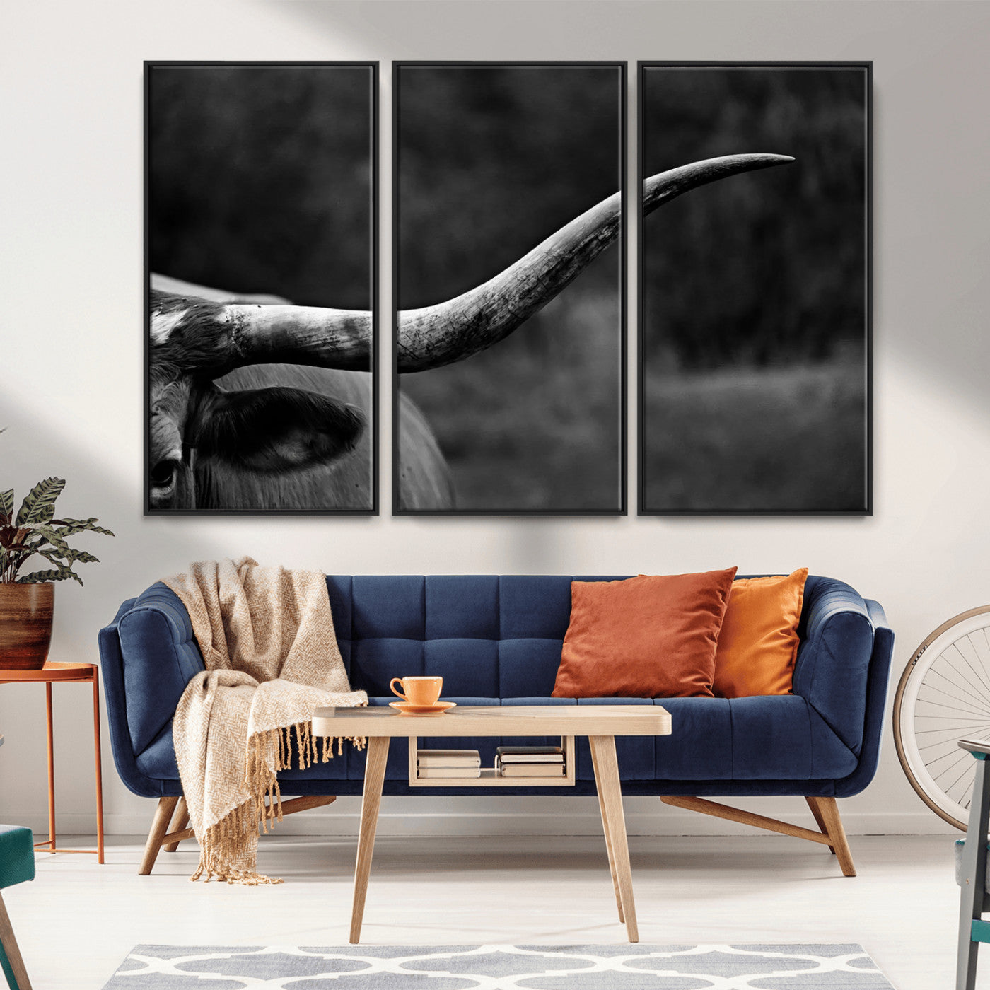 MGV-FC-48X32-3P - Cow Longhorn Wall Art | Black and White Print | Ready to Hang and Framed | Farmhouse Wall Decor |