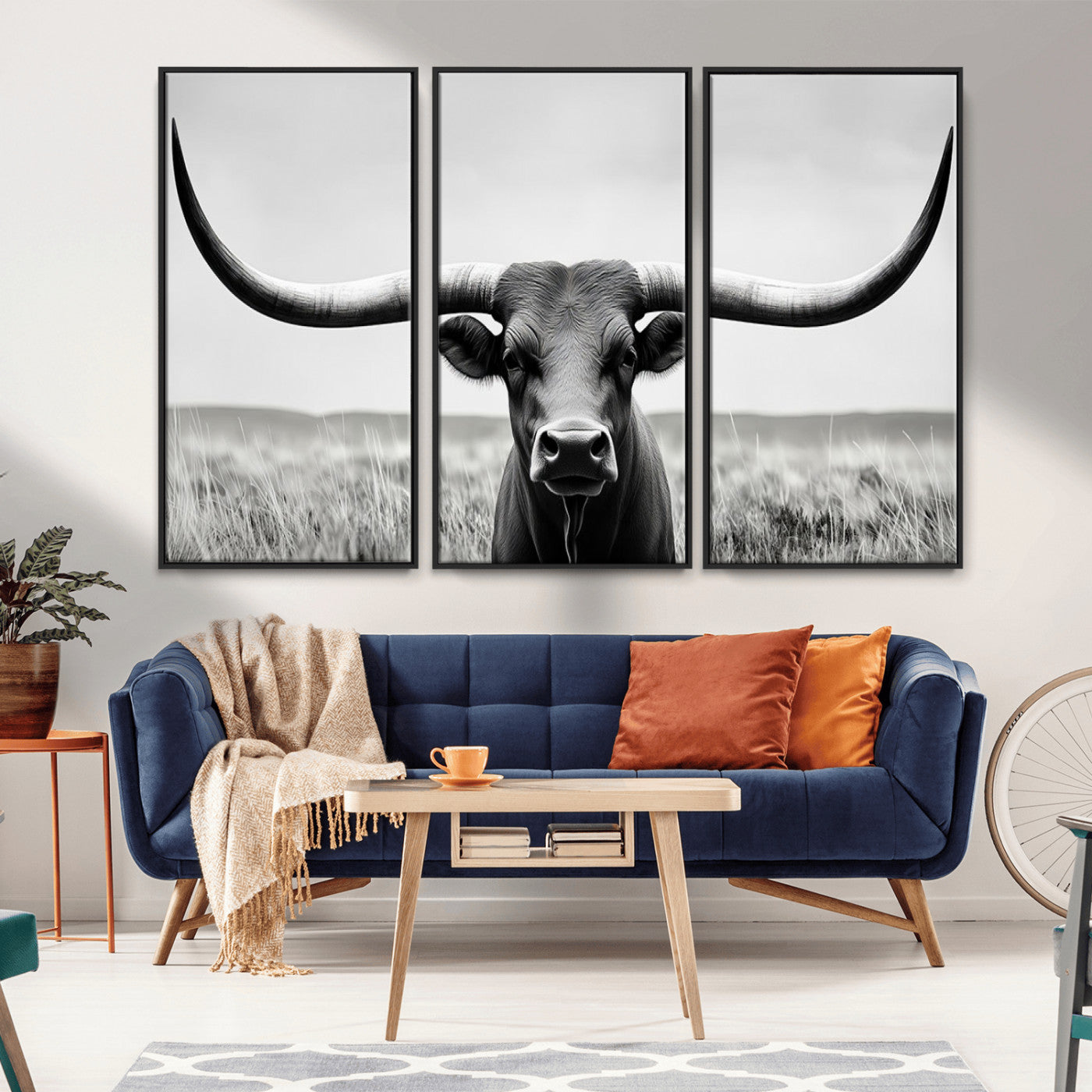 -Longhorn Bull Canvas Print | Rustic Farmhouse Wall Art | Western Decor | Ready to Hang and Framed