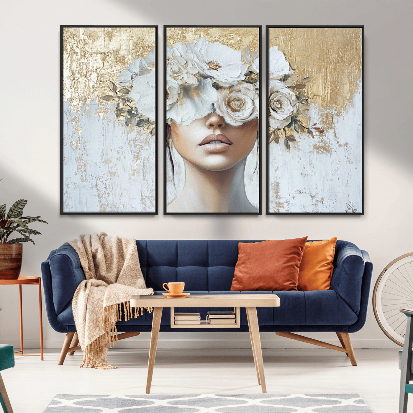 MGV-FC-48X32-3P - Golden Petal Wall Art - Canvas Print Flower Head Woman Painting Floral Woman Portrait Wall Decor,