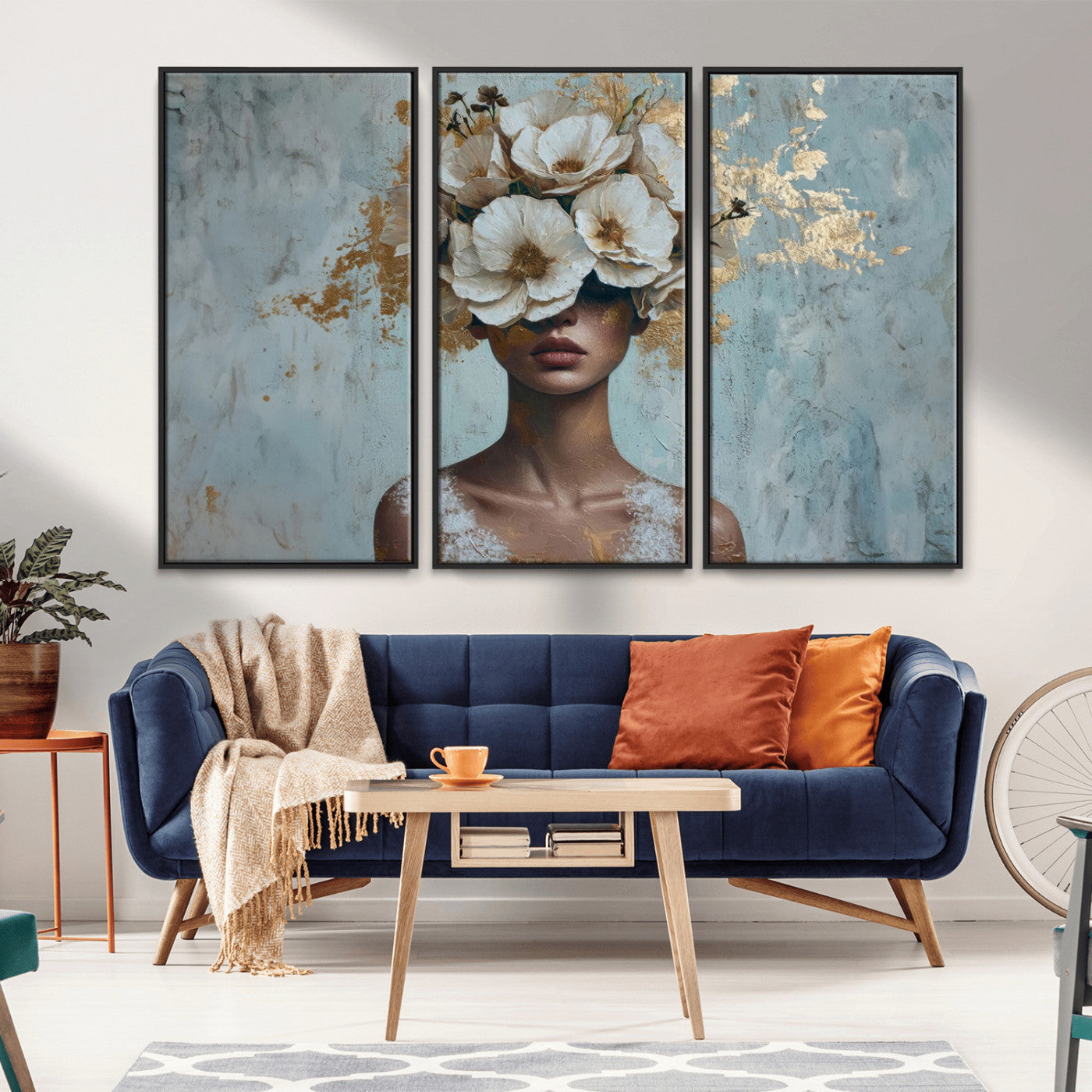 MGV-FC-48X32-3P - Golden Petal Wall Art - Petal Silhouette Woman Wall Art Canvas Print | Large 3-Panel Canvas with