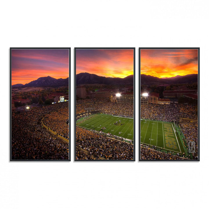 A vibrant mountain sunset at Folsom Field, home of the University of Colorado Football team, is captured in this stunning wall art canvas print.