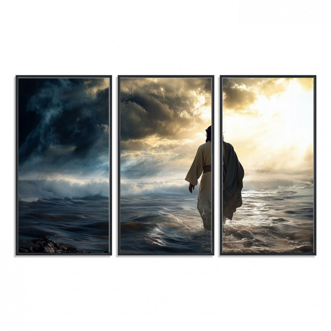 A dramatic sky serves as the backdrop for the Jesus Walking on Water wall art, a perfect piece for Christian home decor.