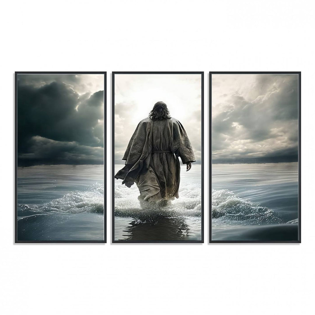 A canvas wall art depicting a figure walking on water beneath dramatic clouds, designed as inspirational religious imagery and ready to hang.