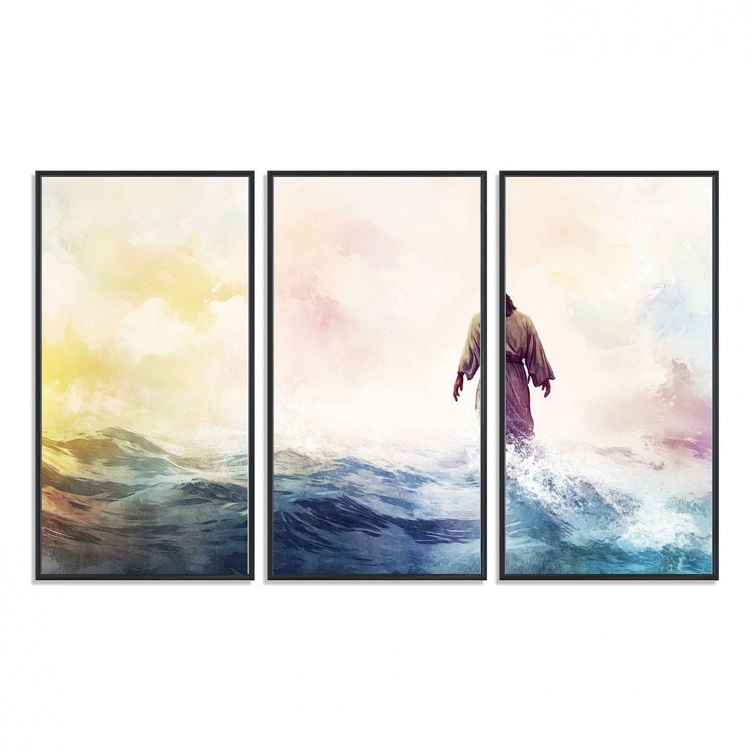 A robed figure strides on water in gentle waves, evoking the Watercolor Jesus Walking on Water canvas art.