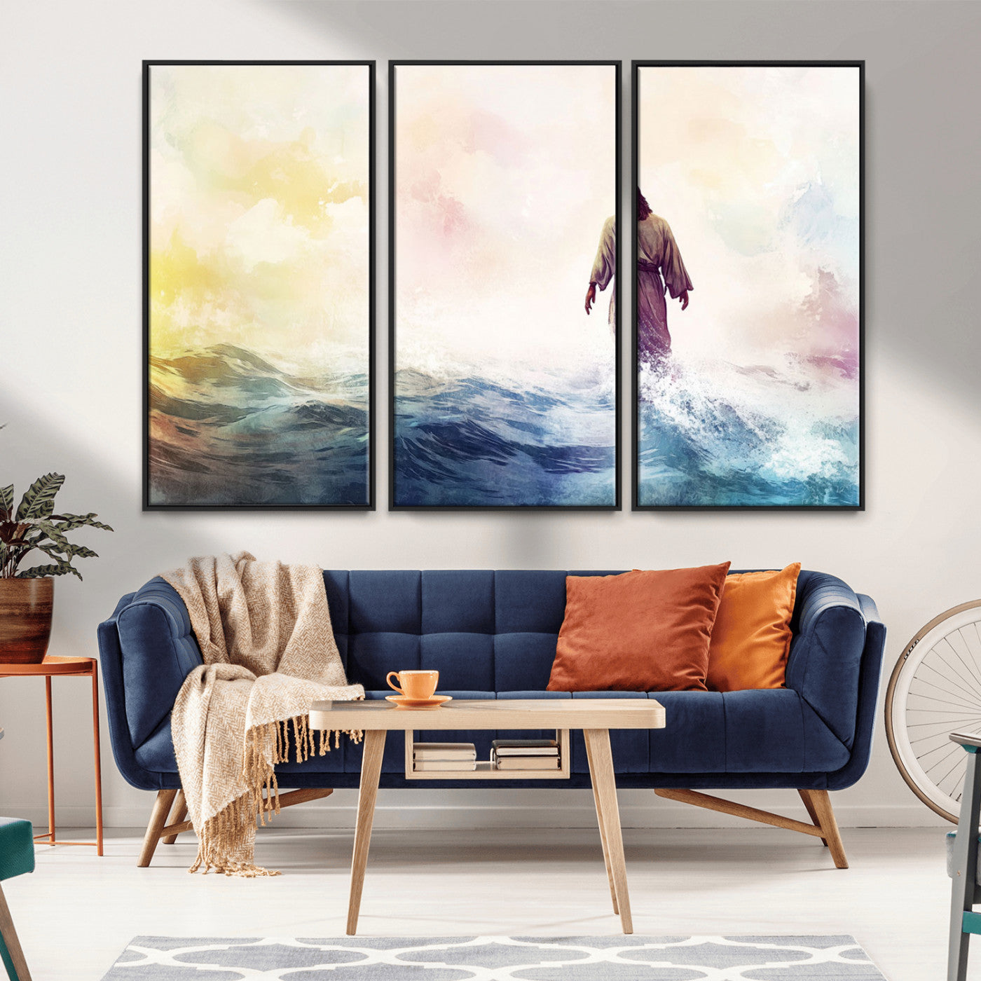 MGV-FC-48X32-3P - Watercolor Jesus Walking on Water Canvas Print, Christian Wall Art, Jesus Christ Walking
