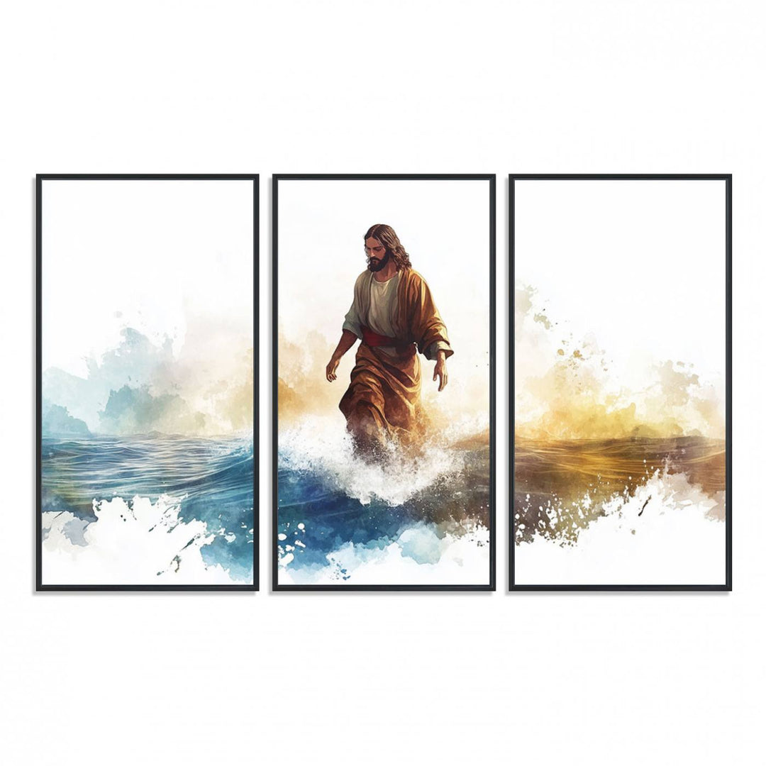 This watercolor canvas print depicts Jesus walking, characterized by abstract splashes against a serene background. It serves as a beautiful piece of Christian wall art.