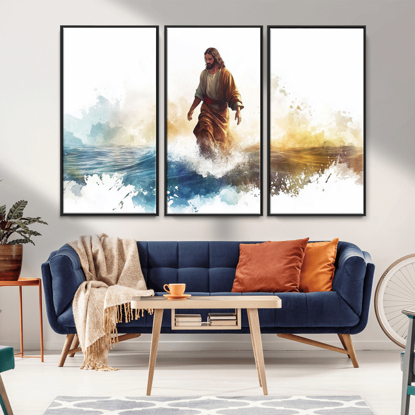 MGV-FC-48X32-3P - Watercolor Jesus Walking Wall Art Print, Jesus Water Canvas Print, Christian Wall Art, Jesus Christ