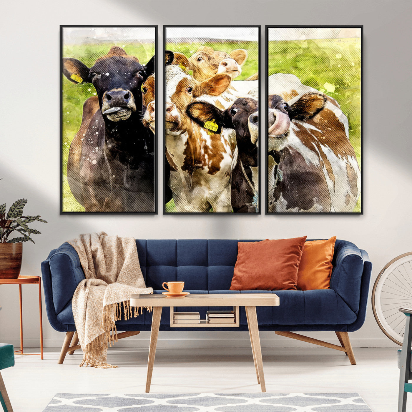 MGV-FC-48X32-3P - Curious Cows Farmhouse Wall Art | Ready to Hang and Framed Canvas Print | Rustic Farm Decor