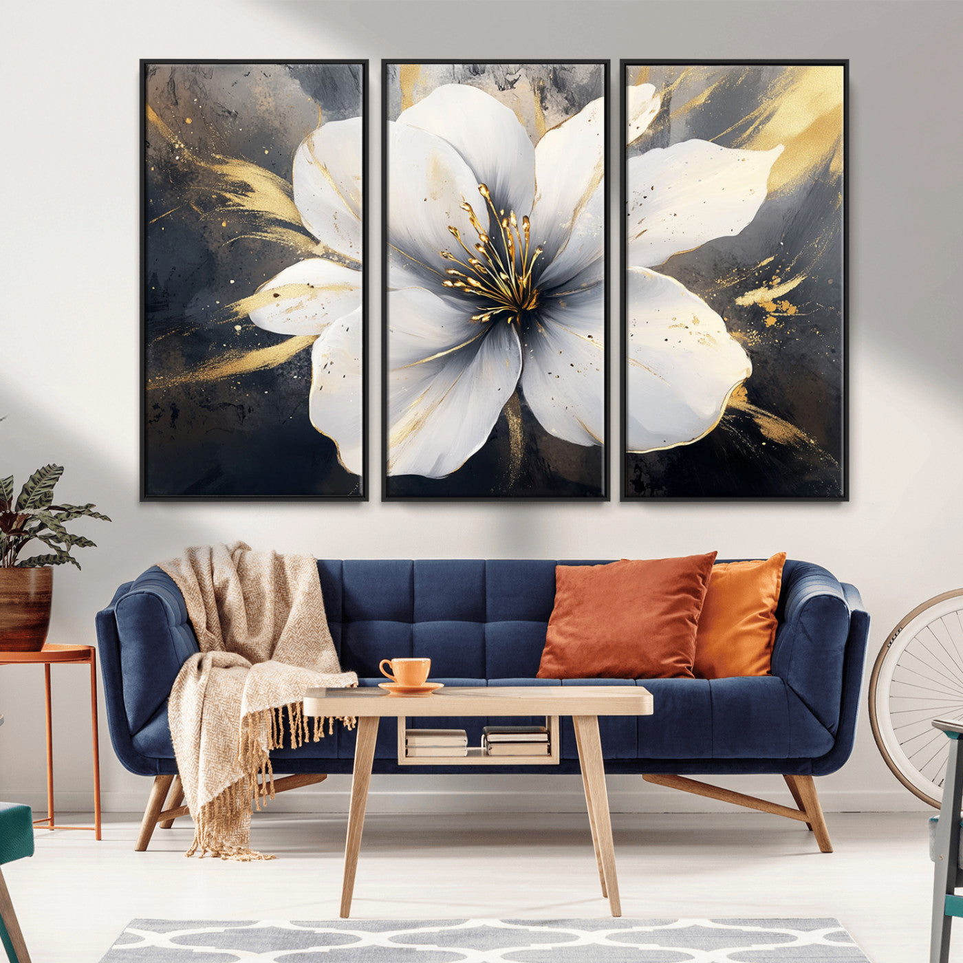 MGV-FC-48X32-3P - White Flower Wall Art Canvas Print | Ready to Hang | Abstract Floral Wall Decor | Elegant Bloom