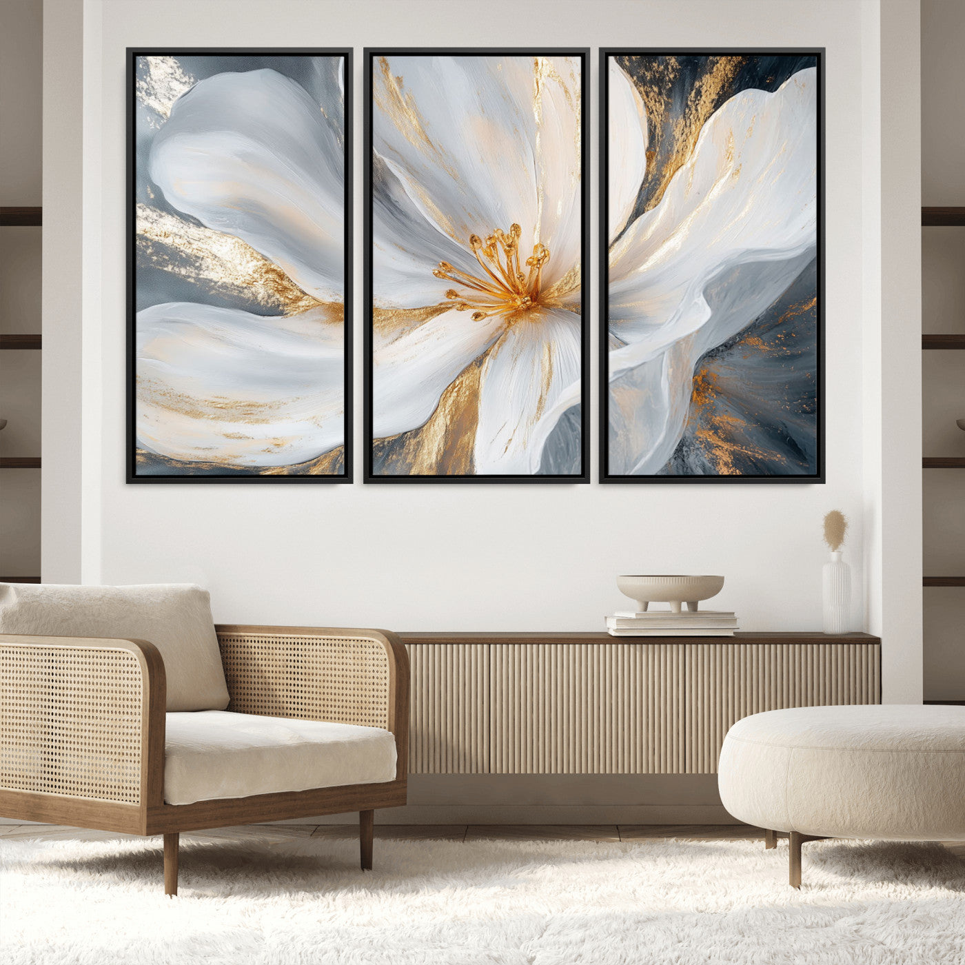 83149-MGV-FC-48X32-3P_Black-White and Gold Floral Canvas Wall Art - Framed and Ready to Hang - Perfect for Modern Living Rooms