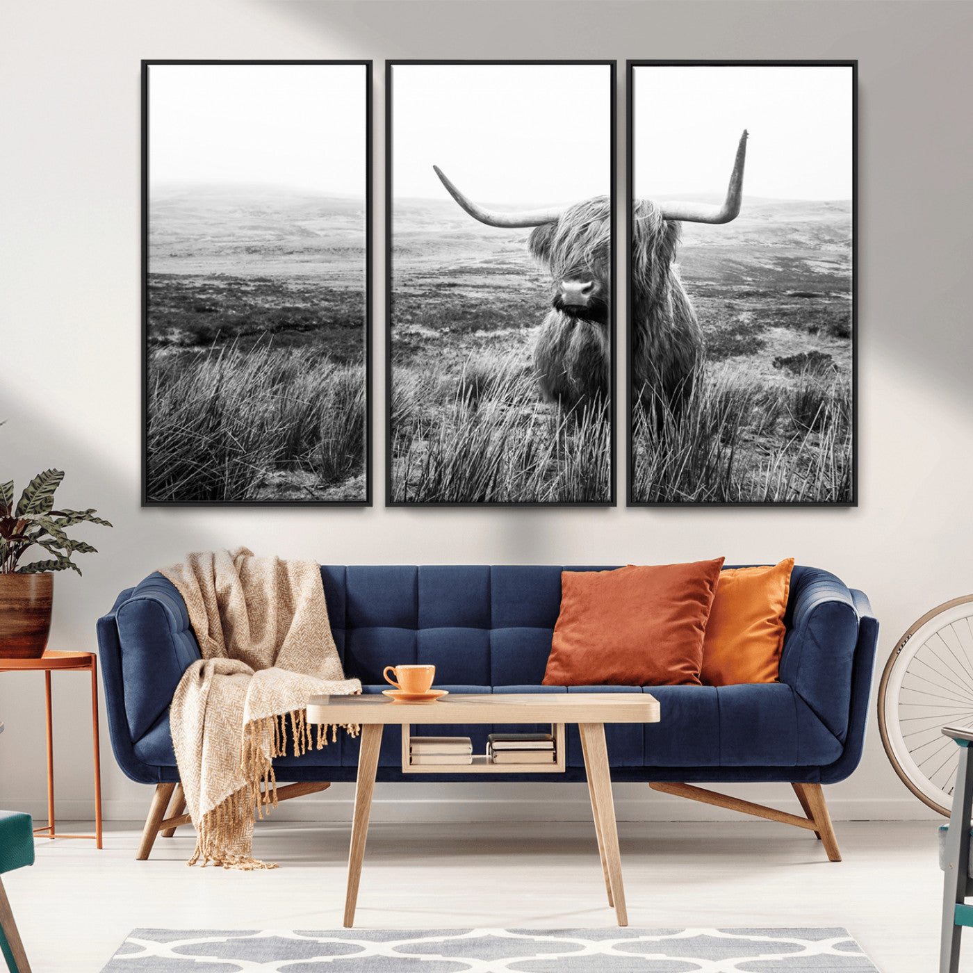 MGV-FC-48X32-3P - Scottish Highland Cow Wall Art | Black and White Canvas Print | Ready to Hang and Framed | Rustic