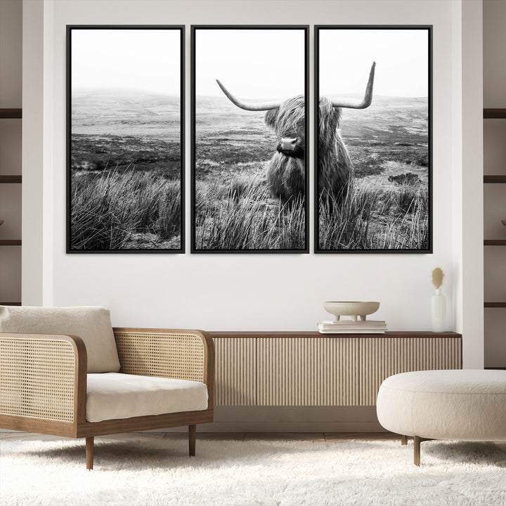 Scottish Highland Cow Wall Art | Black and White Canvas Print | Ready to Hang and Framed | Rustic Farmhouse Wall Decor for Living Room or