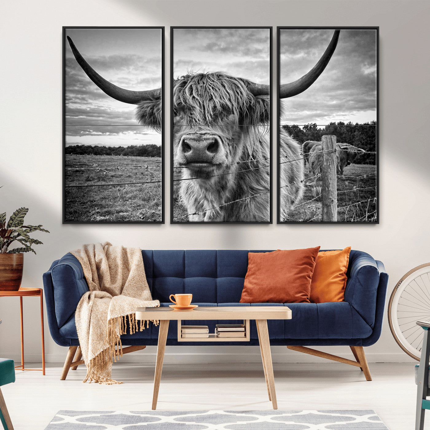 MGV-FC-48X32-3P - Scottish Highland Cow Wall Art Canvas Print | Ready to Hang and Framed | Rustic Farmhouse Decor
