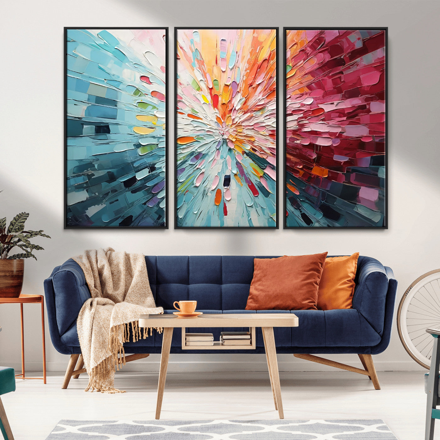 MGV-FC-48X32-3P - Radiant Bloom Abstract Floral Wall Art Canvas Print - Colorful Burst - Modern Living Room Decor -