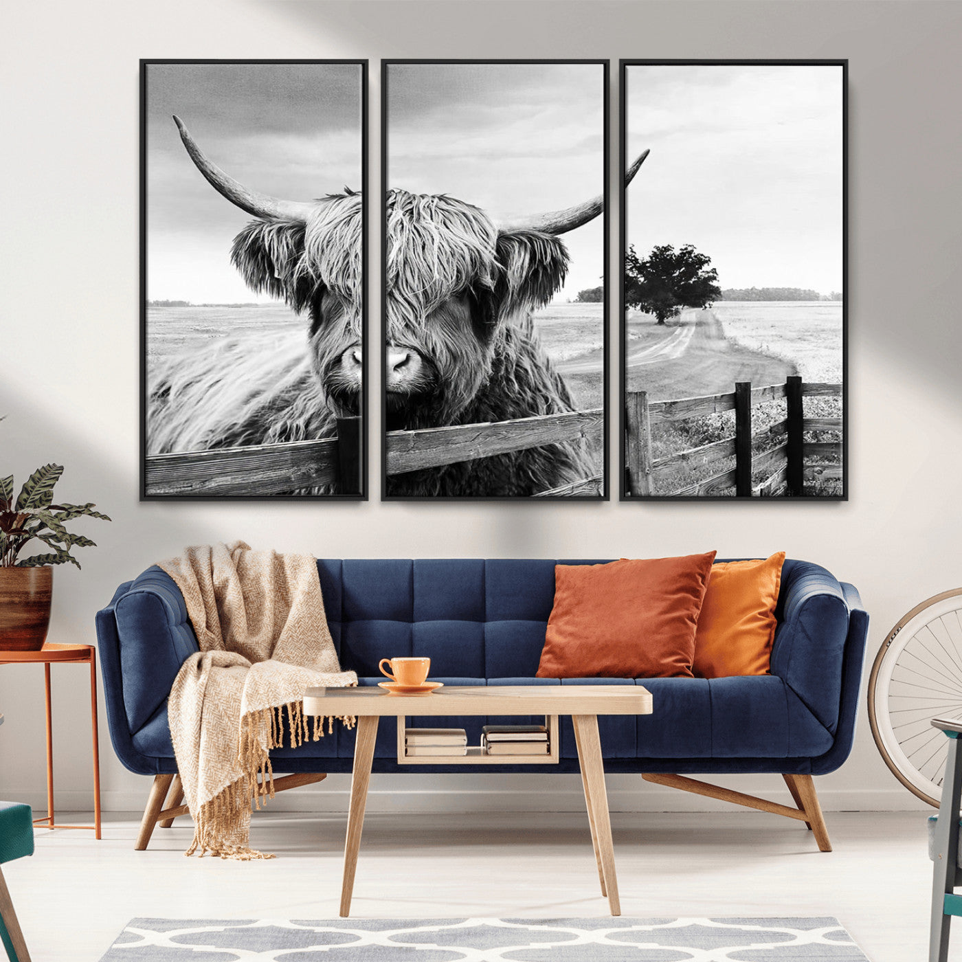 MGV-FC-48X32-3P - Scottish Highland Cow Wall Art | Rustic Farmhouse Décor | Black and White Ready to Hang Canvas Print